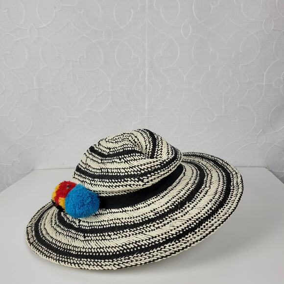 Hinge Two Tone Panama Hat Black White Wide Brim Woven Straw Pom Pom Summer NWOT - Picture 2 of 16